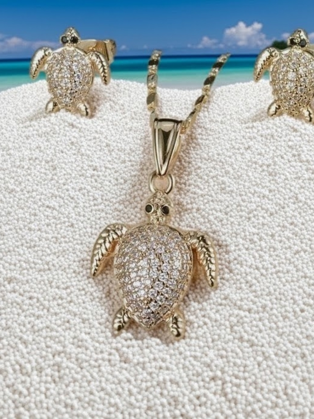 Gold Turtle Pendant Necklace and Earrings Set..Sparkling Crystal Rhinestones NEW